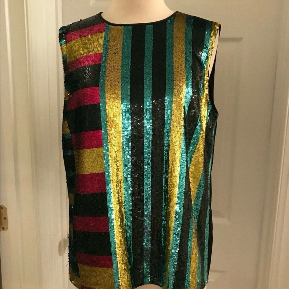 DVF Diane Von Furstenberg Sequin Saxon Striped Top Shell Sleeveless Sz P Small